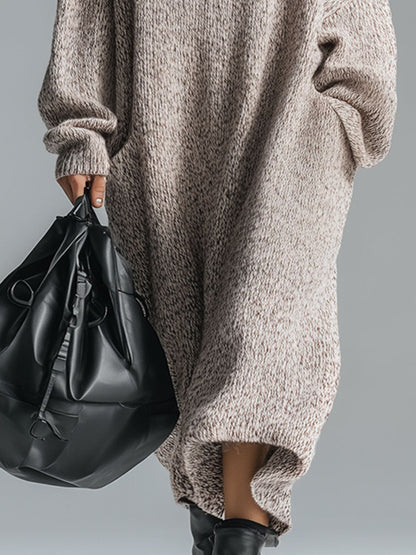 Fashion Loose Retro Trimmed Floral Gray Hooded Knitted Midi Dress