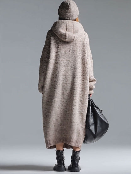 Fashion Loose Retro Trimmed Floral Gray Hooded Knitted Midi Dress