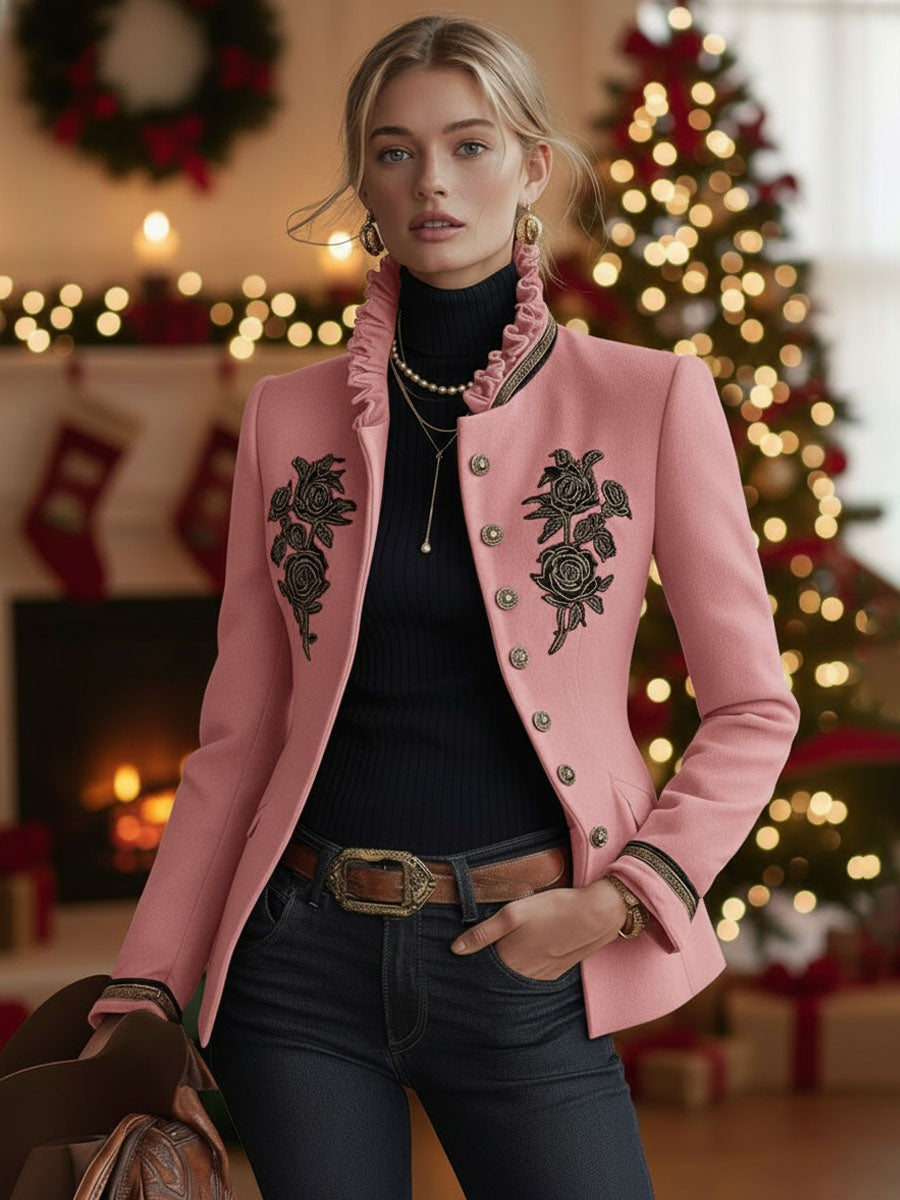 Ruffled Stand Collar Single-breasted Rose Embroidered Tweed Coat
