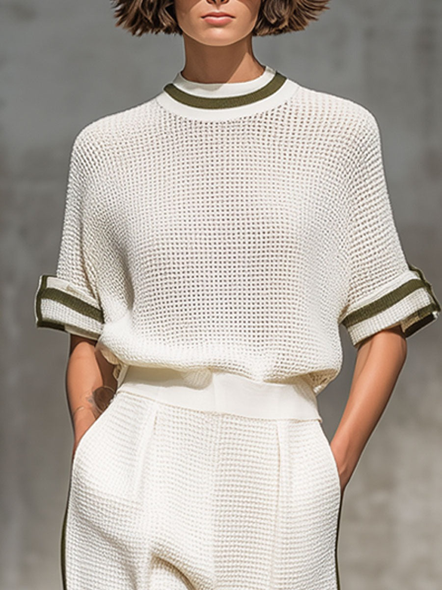 Vintage-Trimmed White Knitted Mesh Short-Sleeved Shirt And Wide-Leg Pants Set