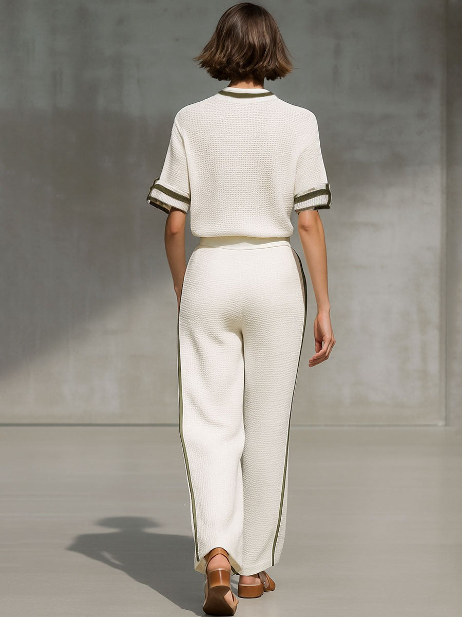 Vintage-Trimmed White Knitted Mesh Short-Sleeved Shirt And Wide-Leg Pants Set