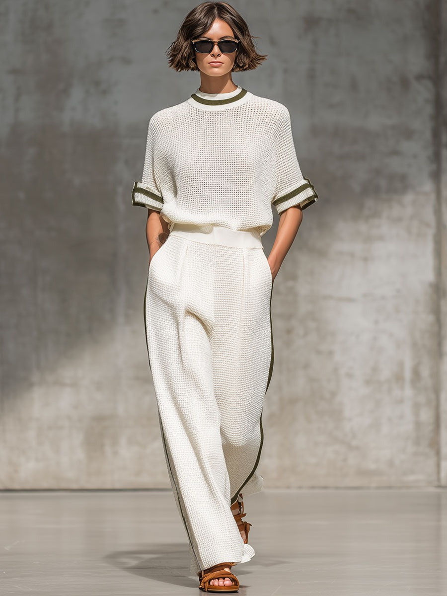 Vintage-Trimmed White Knitted Mesh Short-Sleeved Shirt And Wide-Leg Pants Set