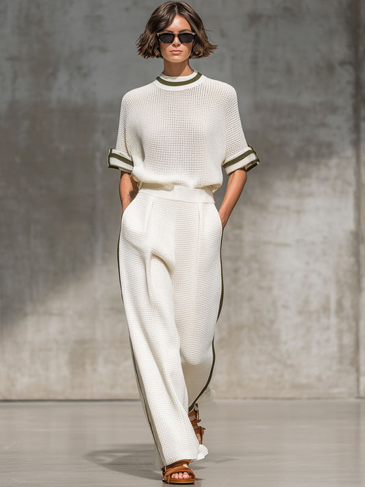 Vintage-Trimmed White Knitted Mesh Short-Sleeved Shirt And Wide-Leg Pants Set