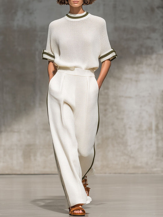 Vintage-Trimmed White Knitted Mesh Short-Sleeved Shirt And Wide-Leg Pants Set