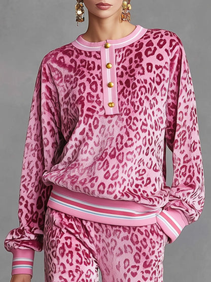 Casual Sporty Retro Pink Velvet Leopard Print Sweatshirt And Wide-Leg Pants Set