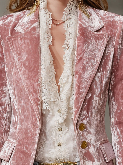 Fashion Retro Pink Velvet Gold Button Blazer