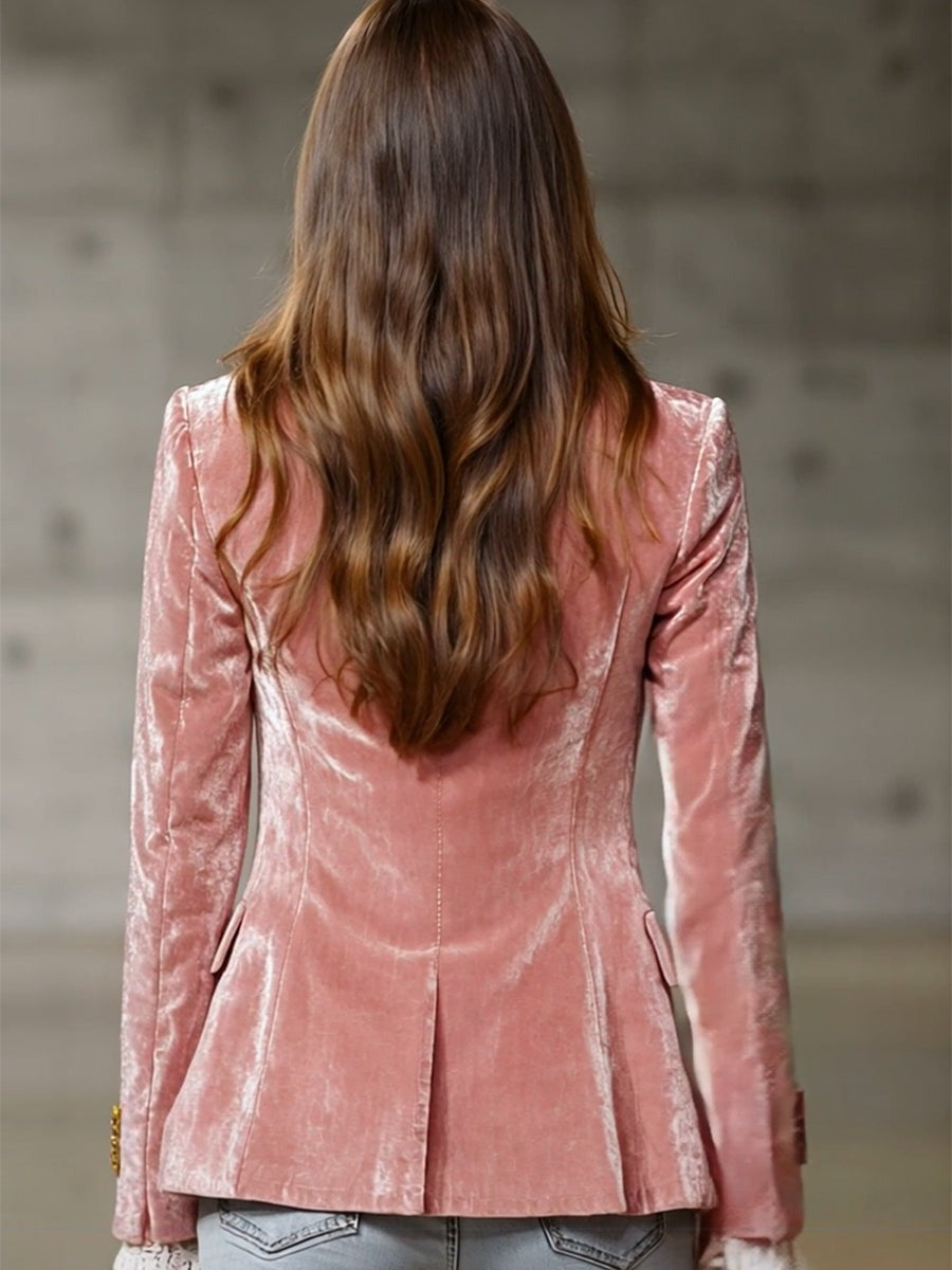 Fashion Retro Pink Velvet Gold Button Blazer