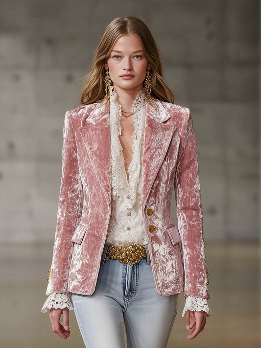 Fashion Retro Pink Velvet Gold Button Blazer