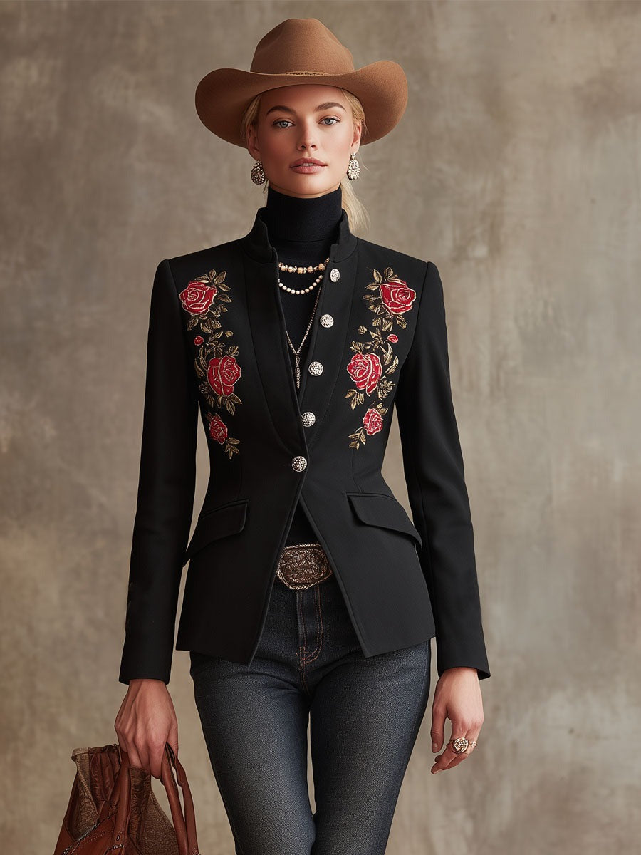 Stand Collar Single-breasted Rose Embroidered Woolen Blazer