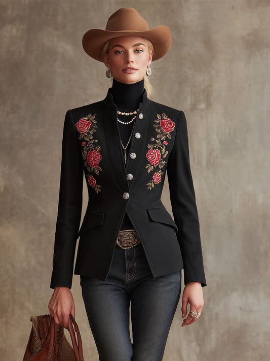Stand Collar Single-breasted Rose Embroidered Woolen Blazer