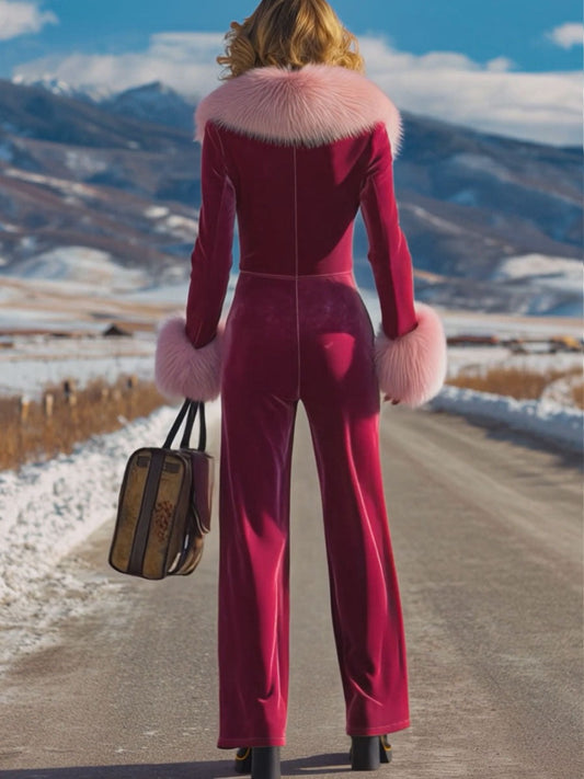 Fashion Retro Rose Red Velvet Faux Fur Collar Long Sleeve Flared Jumpsuit