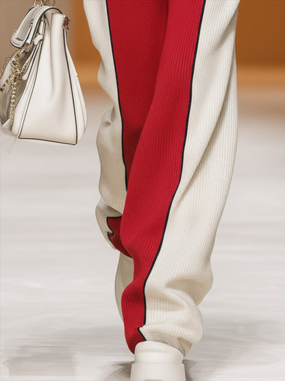 Retro Sports Style Contrast Color Knit Top And Pants Set