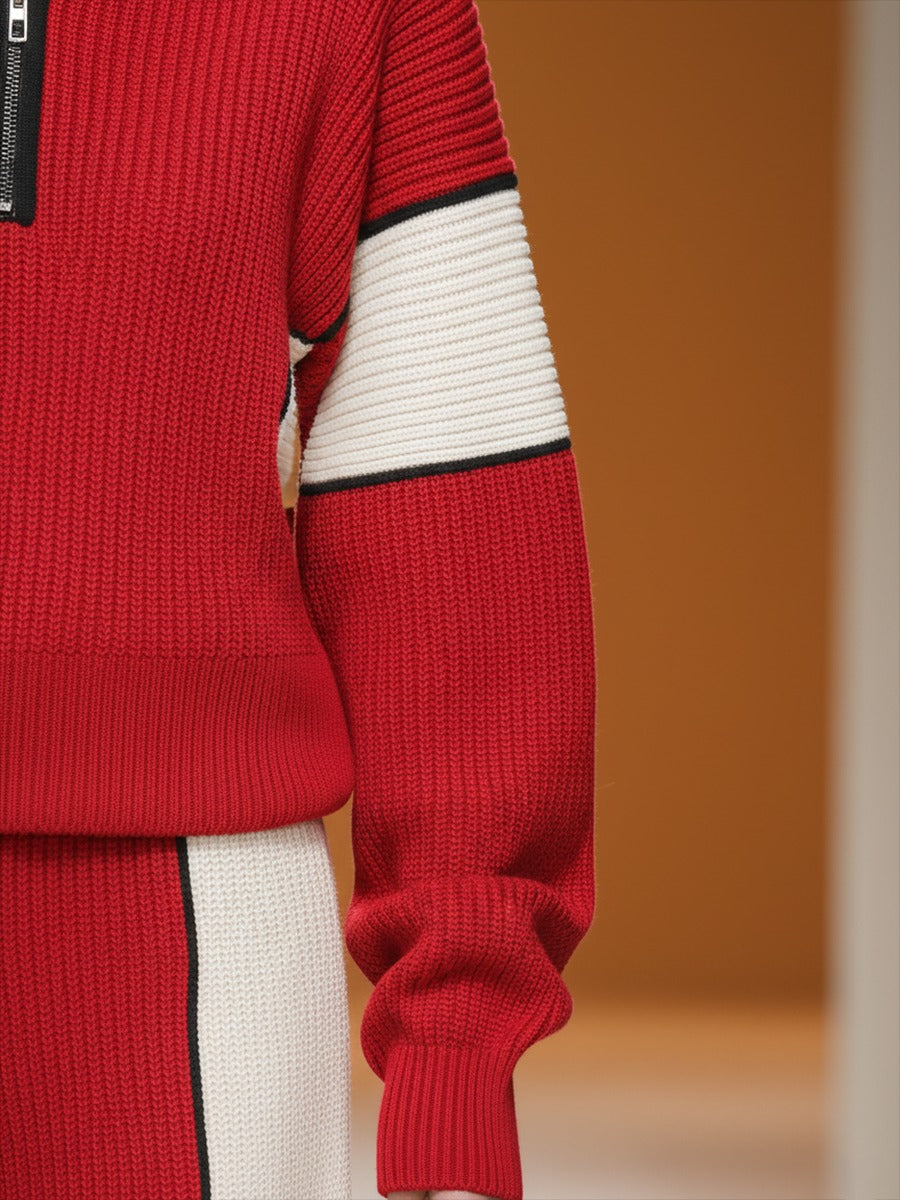 Retro Sports Style Contrast Color Knit Top And Pants Set