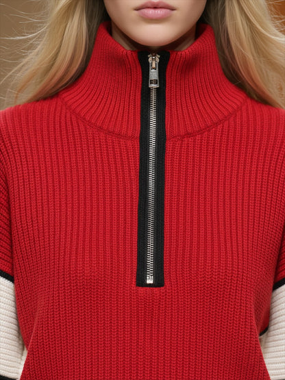 Retro Sports Style Contrast Color Knit Top And Pants Set