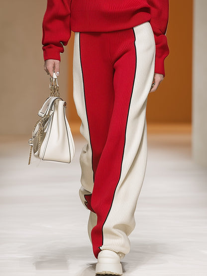 Retro Sports Style Contrast Color Knit Top And Pants Set