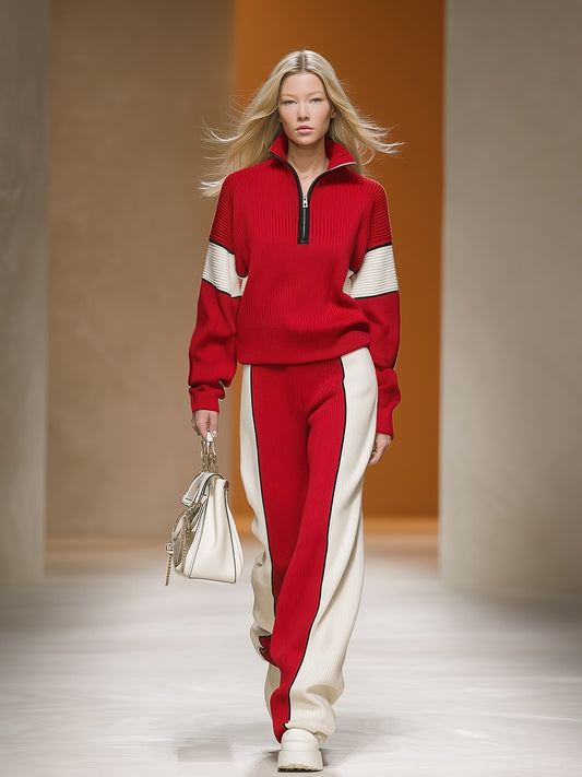Retro Sports Style Contrast Color Knit Top And Pants Set