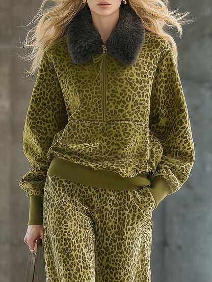 High-end Fashionable Leopard Print Velvet Faux Fur Collar Sweatshirt Wide-leg Pants Suit