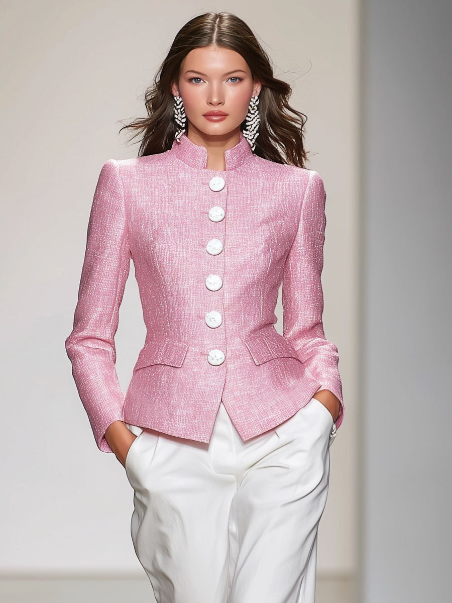 Elegant Stand-up Collar Single-breasted Tweed Jacket