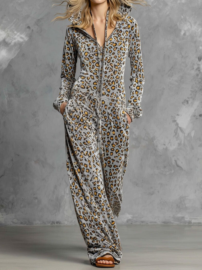 Casual Retro Gray Velvet Leopard Print Hooded Sweatshirt Wide-Leg Jumpsuit