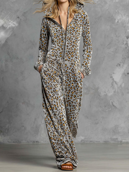 Casual Retro Gray Velvet Leopard Print Hooded Sweatshirt Wide-Leg Jumpsuit