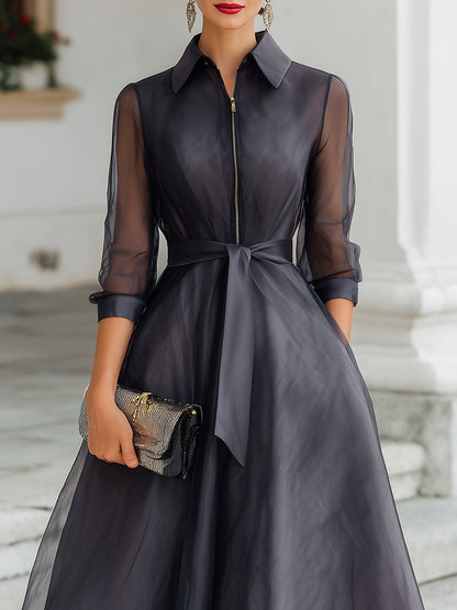 Elegant Belted Midi Dress With Sheer Structured Bodice