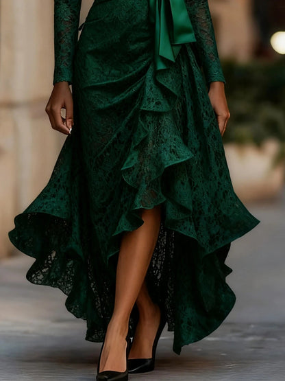 Emerald Enchantment: Asymmetric Lace Gown