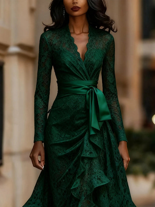 Emerald Enchantment: Asymmetric Lace Gown