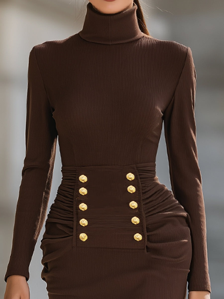 High-Neck Bodycon Midi Dress With Gold-Tone Button Detail