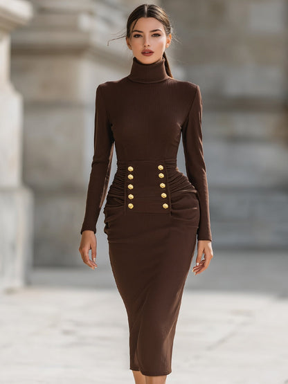 High-Neck Bodycon Midi Dress With Gold-Tone Button Detail