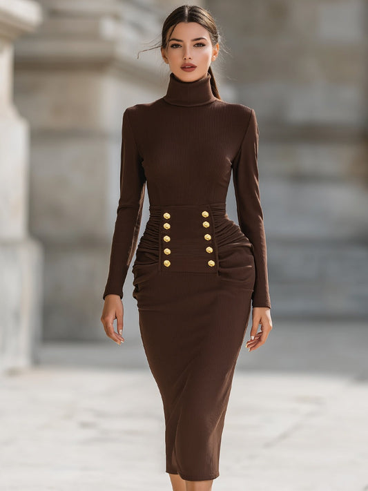 High-Neck Bodycon Midi Dress With Gold-Tone Button Detail