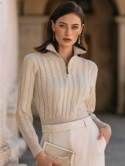 Half-Zip Cable Knit Sweater With Structured Silhouette