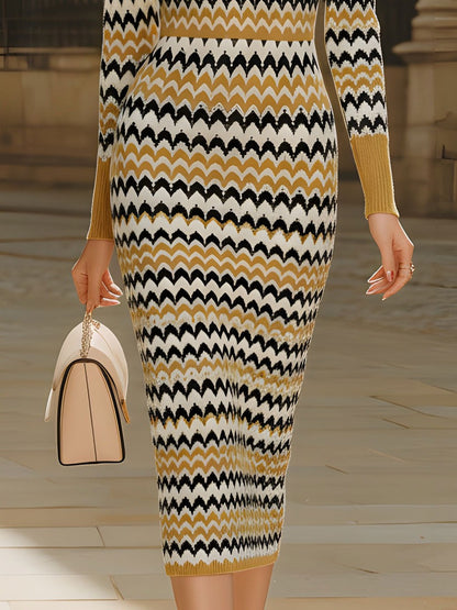 Retro Chevron Print Polo Collar Knit Midi Dress
