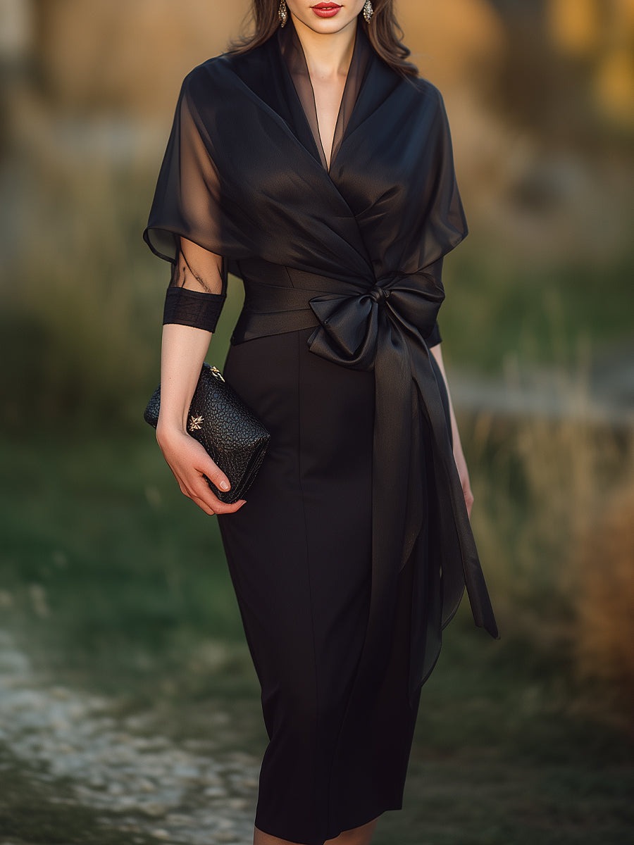 Draped Sheer Overlay Evening Gown With Sculpted Waist Tie