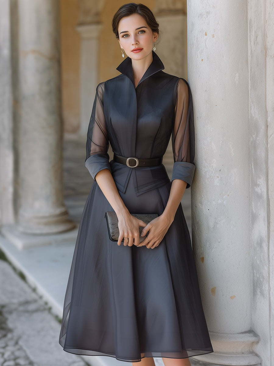 Structured Sheer Sleeve Top & A-Line Skirt Set