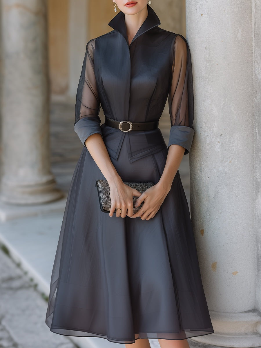 Structured Sheer Sleeve Top & A-Line Skirt Set