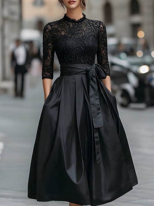 Elegant Black Lace Bodice Dress With Satin Pleated Skirt