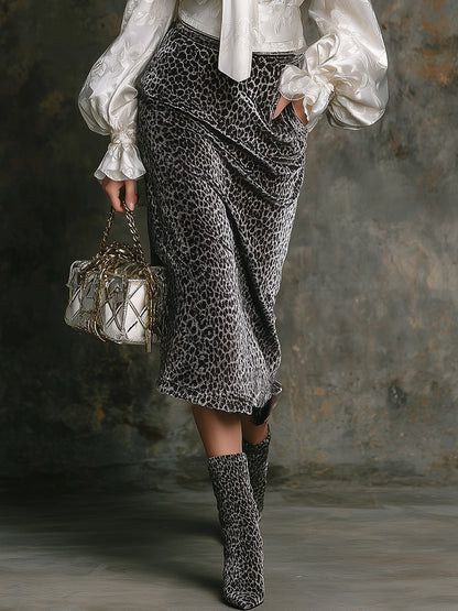 Elegant Retro Jacquard Satin Shirt And Leopard Print Velvet Skirt Set