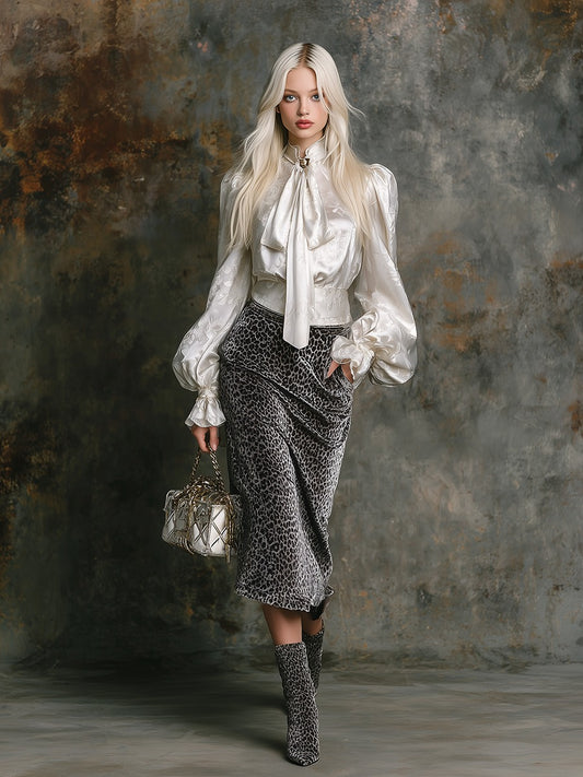Elegant Retro Jacquard Satin Shirt And Leopard Print Velvet Skirt Set