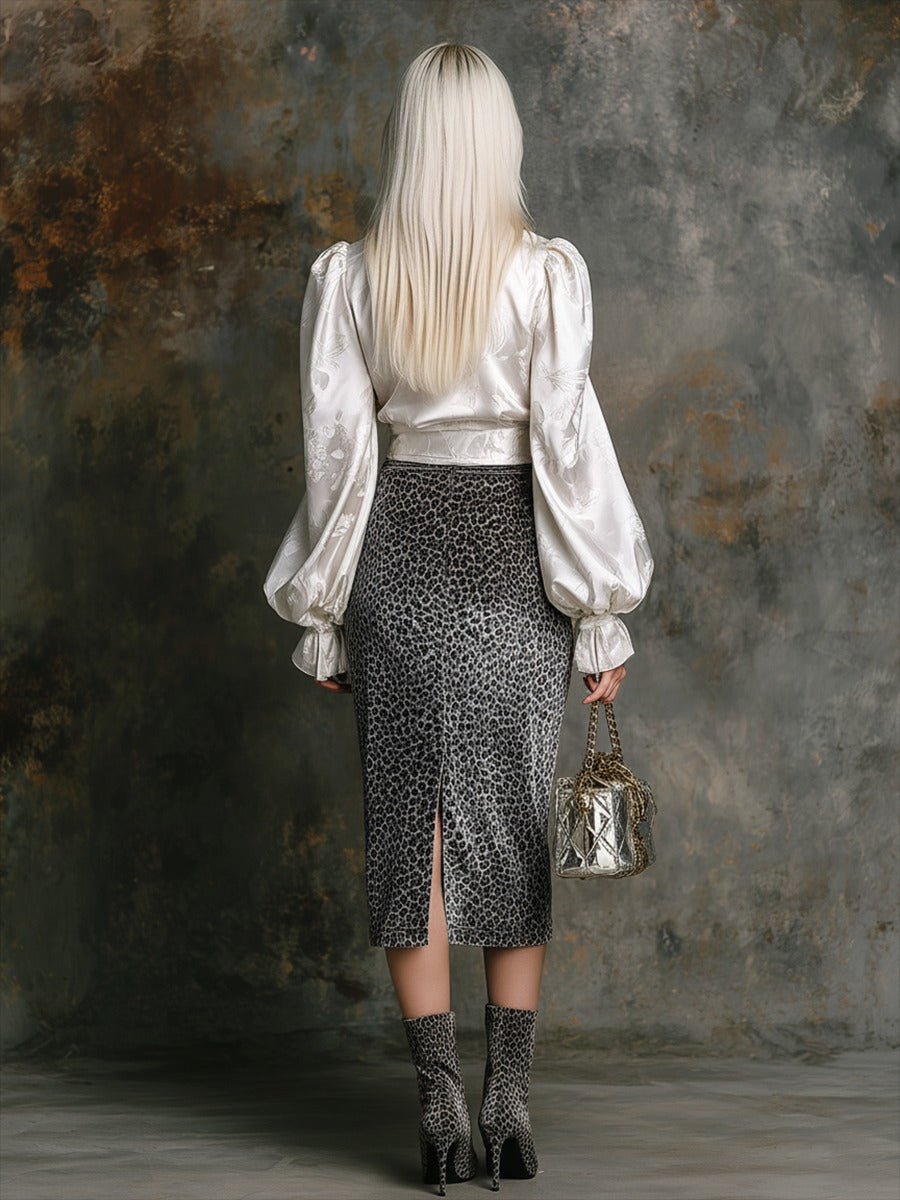 Elegant Retro Jacquard Satin Shirt And Leopard Print Velvet Skirt Set