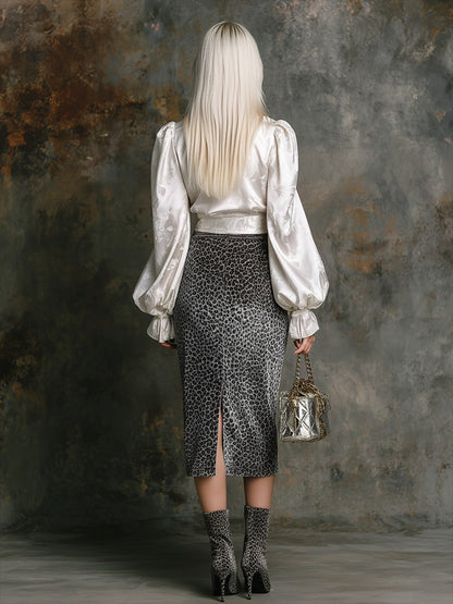 Elegant Retro Jacquard Satin Shirt And Leopard Print Velvet Skirt Set
