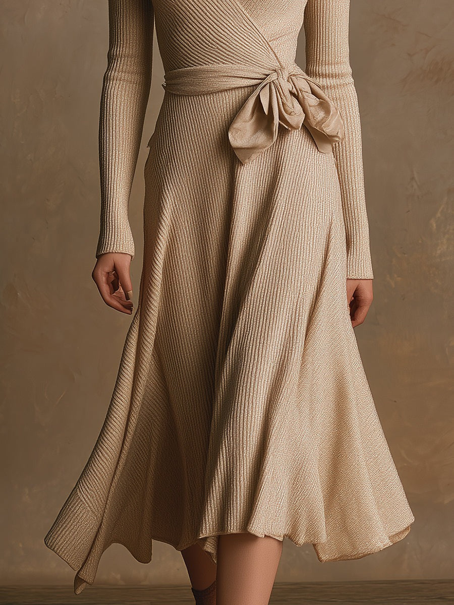 Stylish And Simple V-neck Beige Knitted Midi Dress