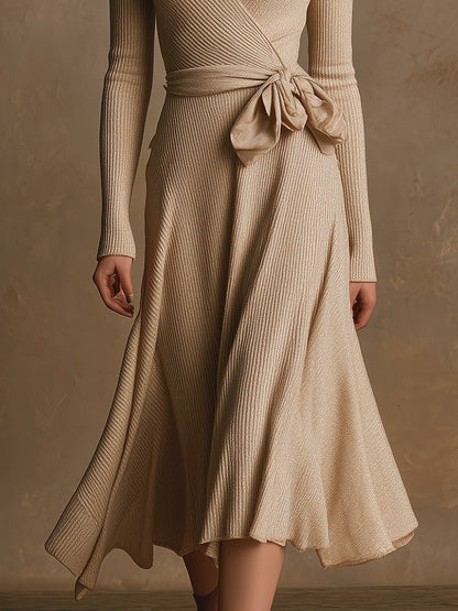 Stylish And Simple V-neck Beige Knitted Midi Dress