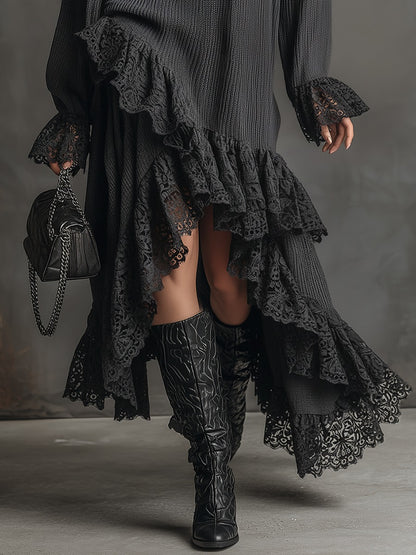 Retro Sporty V-neck Lace Hem Knit Maxi Dress