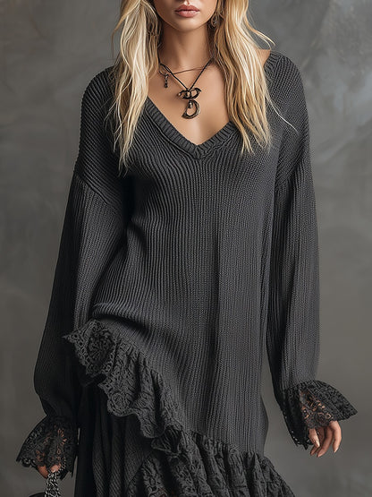 Retro Sporty V-neck Lace Hem Knit Maxi Dress