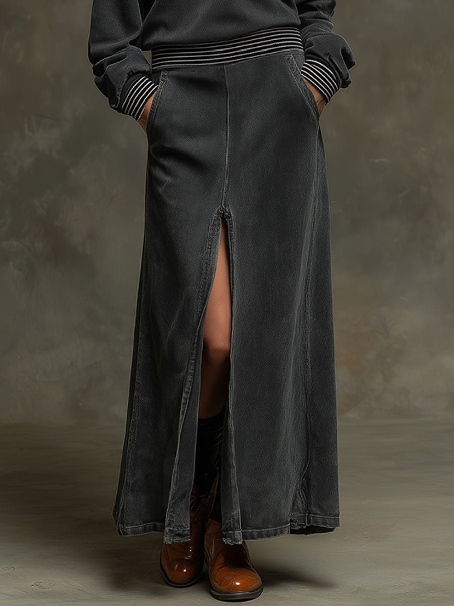 Sporty Retro Striped Ribbed Long-sleeved Dark Gray Washed Cotton Slit Maxi Dress