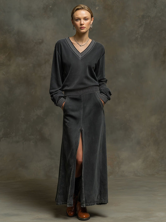 Sporty Retro Striped Ribbed Long-sleeved Dark Gray Washed Cotton Slit Maxi Dress