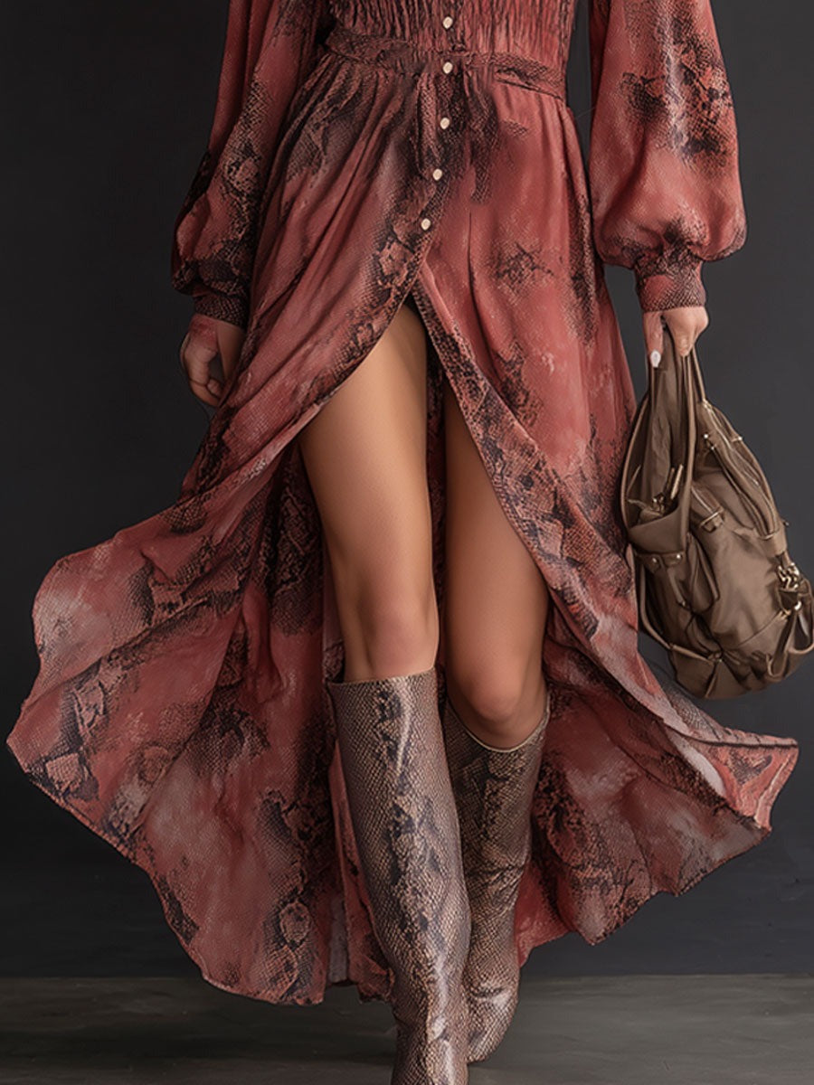Fashionable Retro Brick Red Chiffon Snakeskin Elastic Waist Long Sleeve Maxi Dress