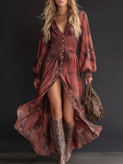 Fashionable Retro Brick Red Chiffon Snakeskin Elastic Waist Long Sleeve Maxi Dress