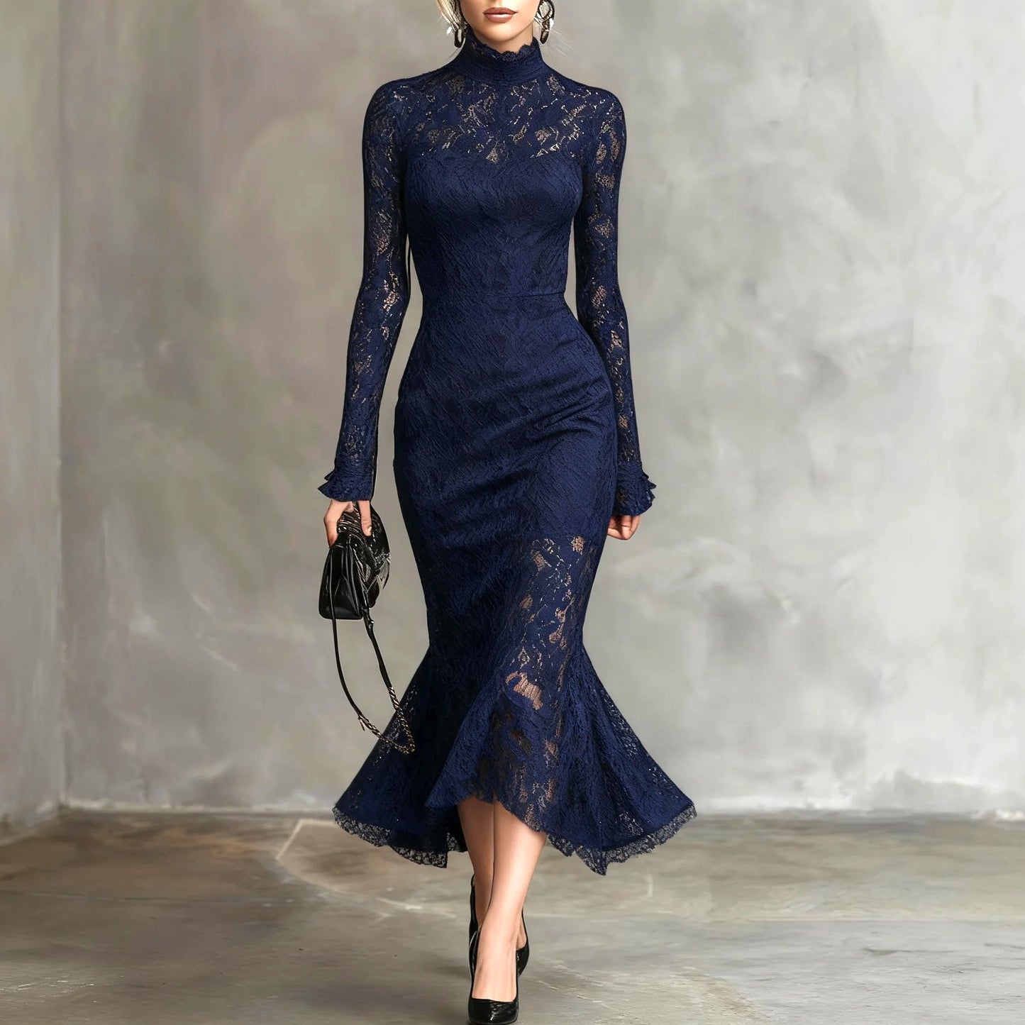 Elegant Party Navy Blue Stretch Lace Fishtail Maxi Dress