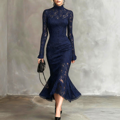 Elegant Party Navy Blue Stretch Lace Fishtail Maxi Dress
